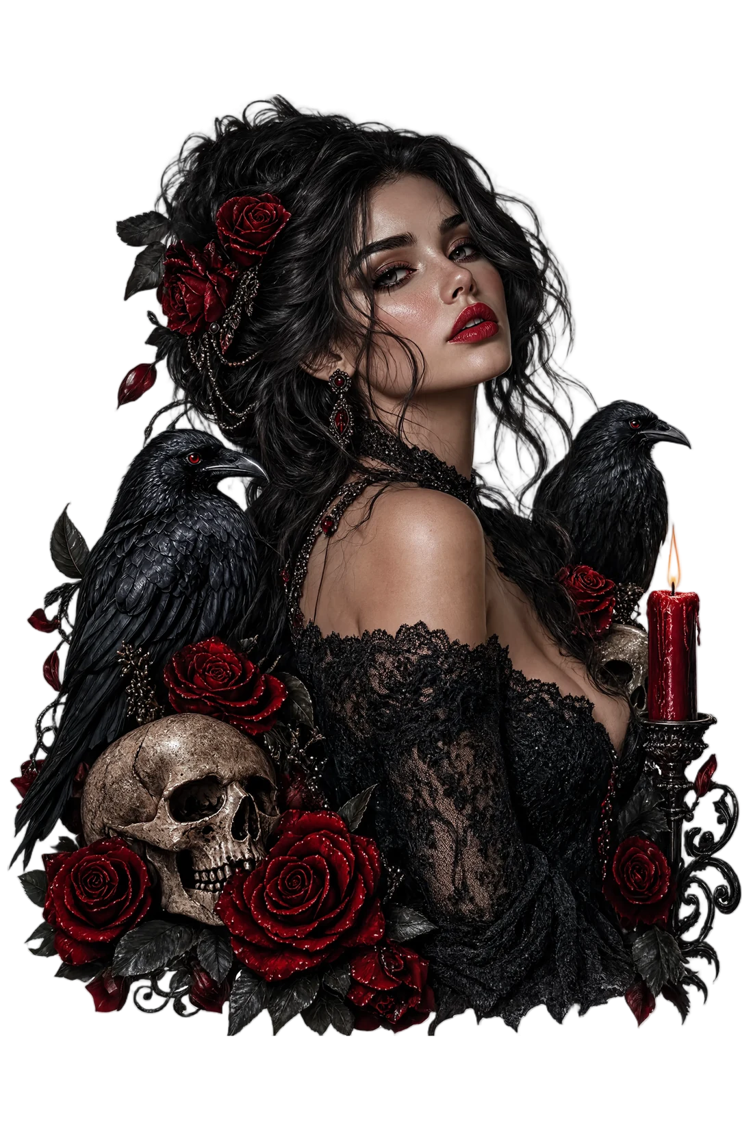 Gothic illustration of a dark-haired woman with ravens, red roses, a skull and a candle