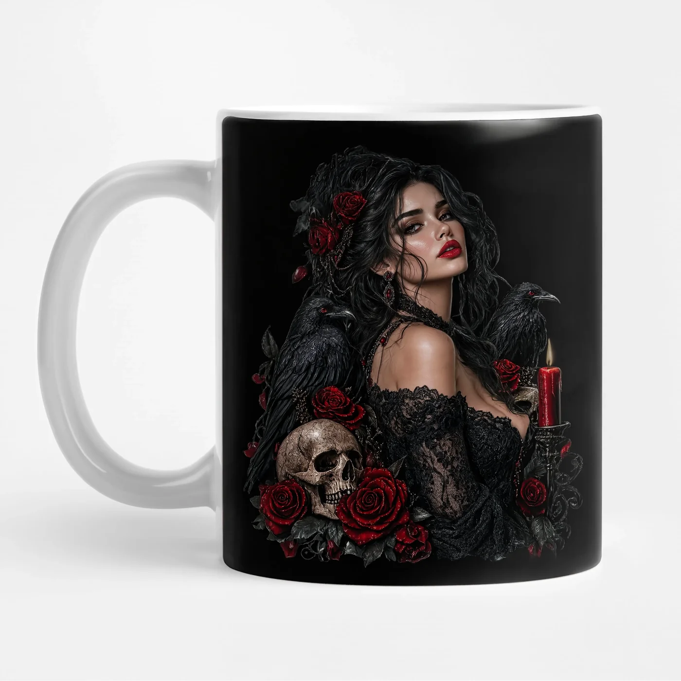 Black ceramic mug printed with the gothic raven and rose design