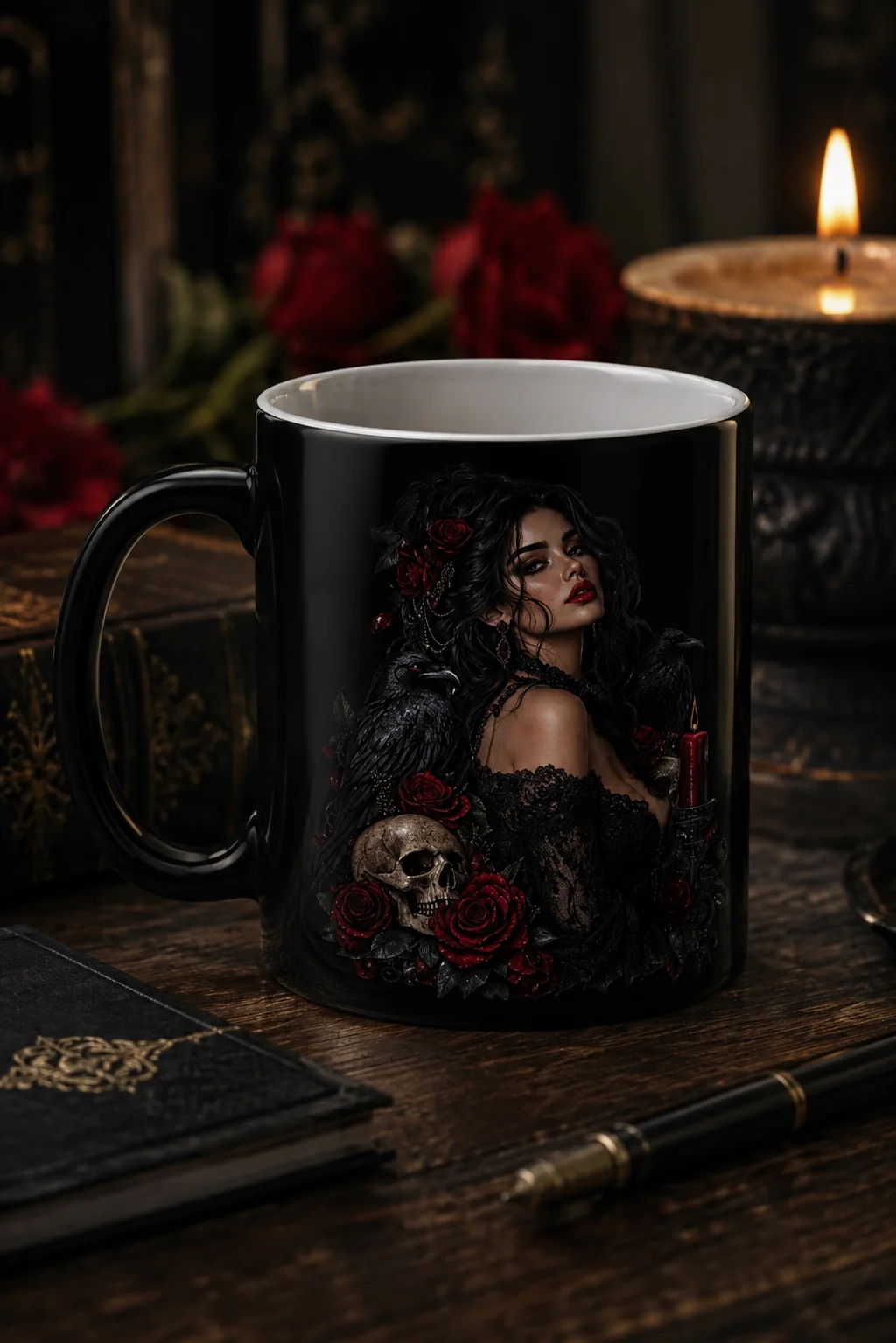 The gothic mug styled on a dark wooden desk with a candle and old books